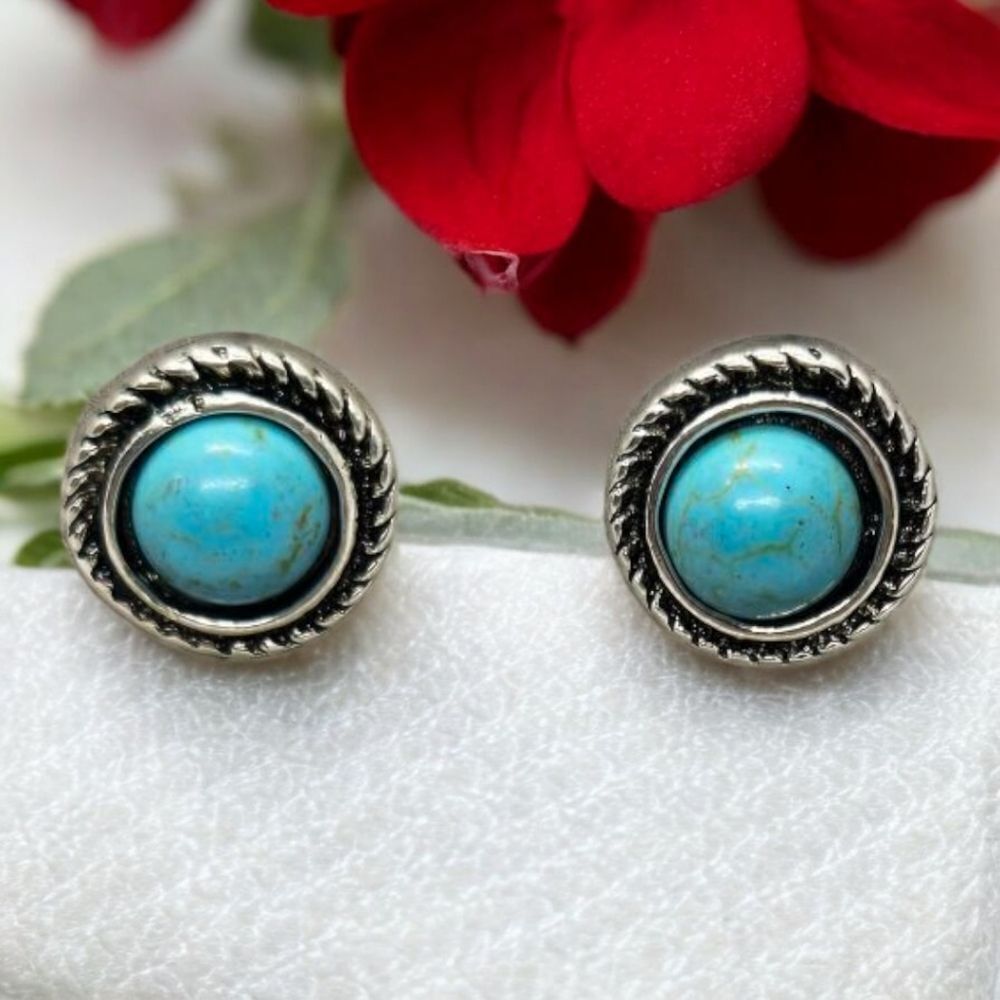 Round Turquoise Stud Earrings Boho-Chic Tribal Western Pierced Women's Jewelry